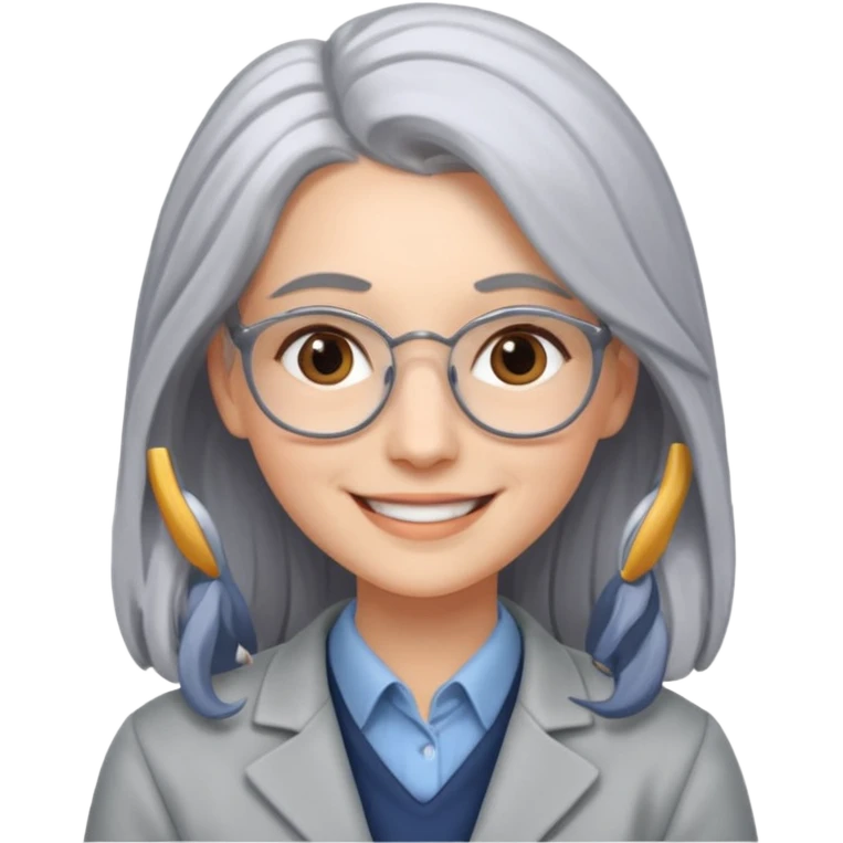Profesora joven, sonrriente cabello gris canoso y de pelo largo  emoji