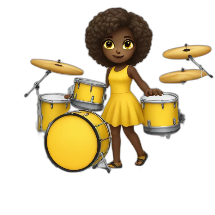 cute girl in yellow dress dark skin with yellow eyes and dark curvy hairs plays on drums emoji