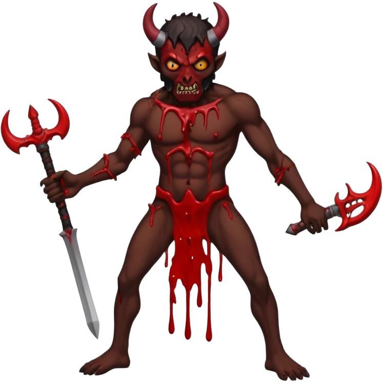 A demon covered in blood and guts whose been shot in the head and body, in the style of your bleeding skull art. Dark gritty and menacing art style. full body emoji