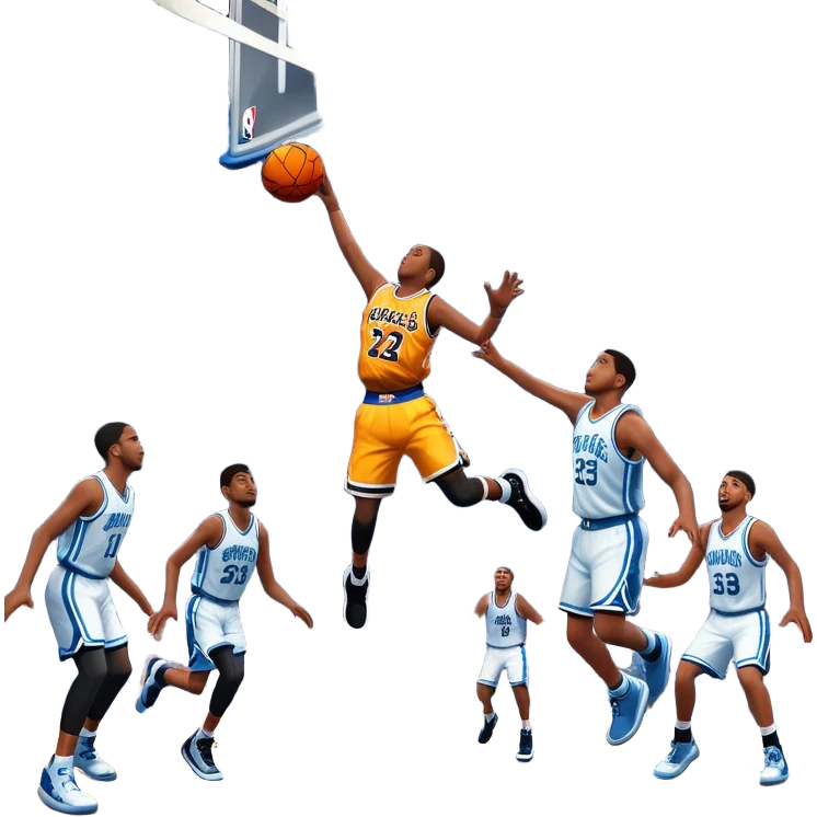 An icon featuring a basketball court with players in action, inspired by NBA 2K25. A player jumps for a dunk, with the ball mid-air. Bright lights illuminate the court, symbolizing the excitement of sports simulation games. Transparent background emphasizes the energy. emoji