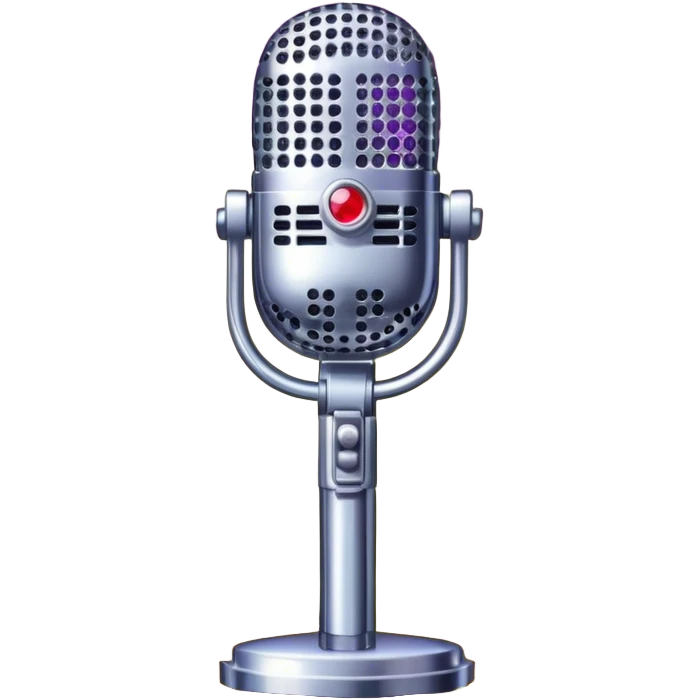 Create a glamorous and vibrant emoji representing stage vocal performance. The design should feature a humanless collage of classic vintage microphone, stage costume covered in rhinestones, large scene speakers, scene lights. The costume should be stylized, with glittering elements like sequins and sparkles, and reflect the glitzy, extravagant nature of show business. The microphone should have a sleek, retro look with chrome or metallic accents. Use rich, dazzling colors like gold, silver, deep purple, and bright red to evoke the glamorous, larger-than-life feel of a stage performance. The background should be transparent. emoji
