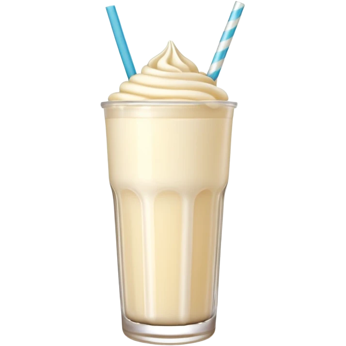 A 3D cartoon tall glass of vanilla milkshake with a straw, smooth creamy texture, light froth on top, subtle reflections, soft warm light, Memoji-style. emoji
