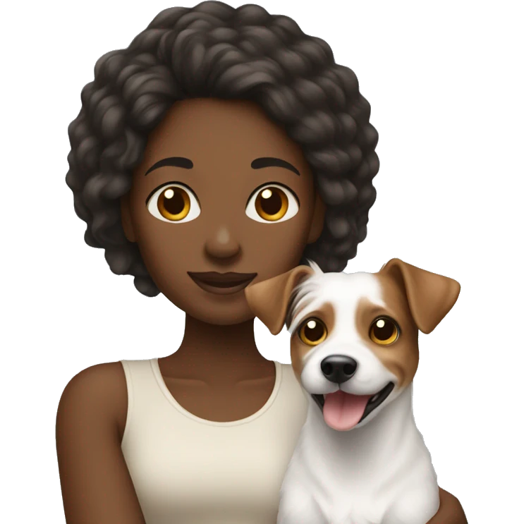 Black woman with long hair holding jack Russell terrier emoji