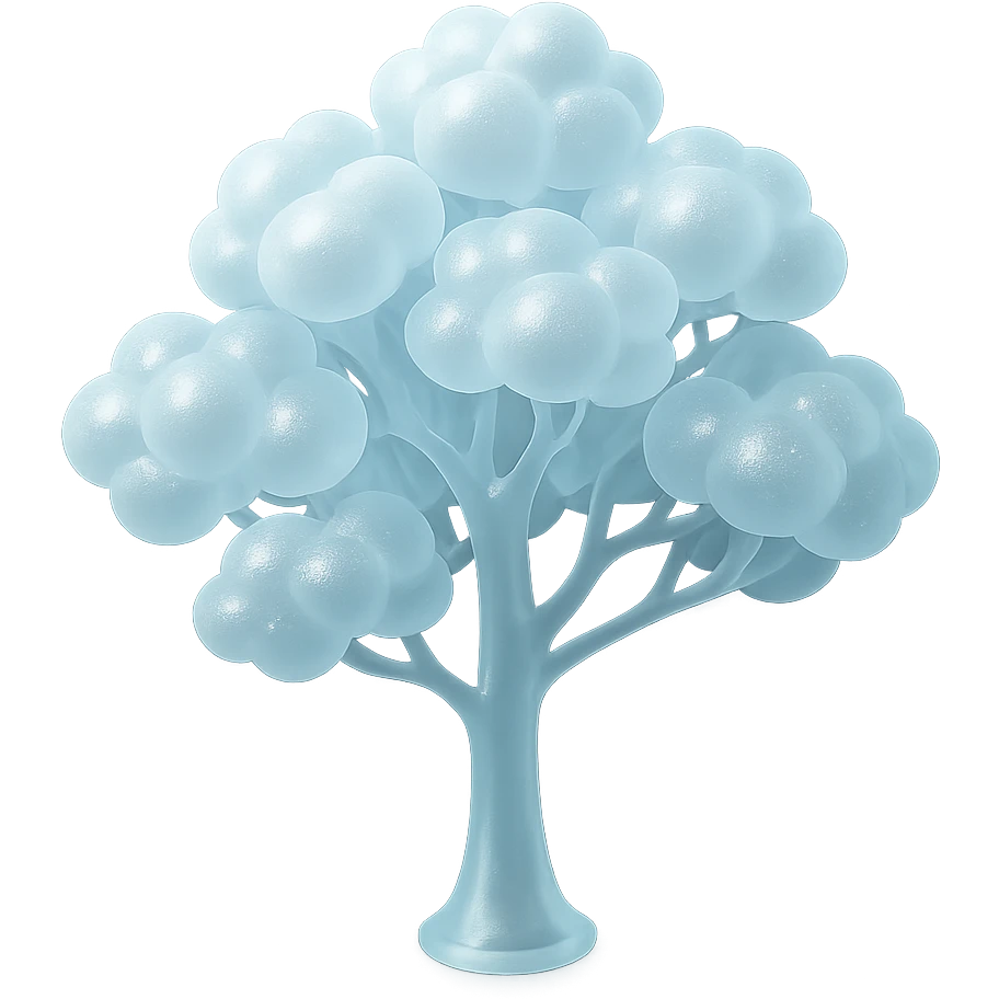 one tree with many branches and white trunk, crown made of small very bright white fluffy convex clouds, matte glass style emoji