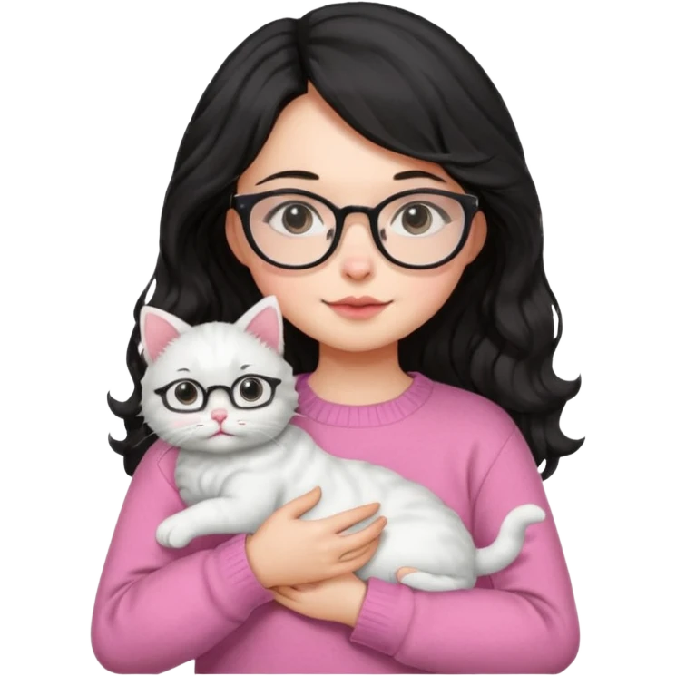 a girl with a black wavey hair, wearing a pink sweater and glasses, holding a cute white cat, only upper body, high quality. emoji