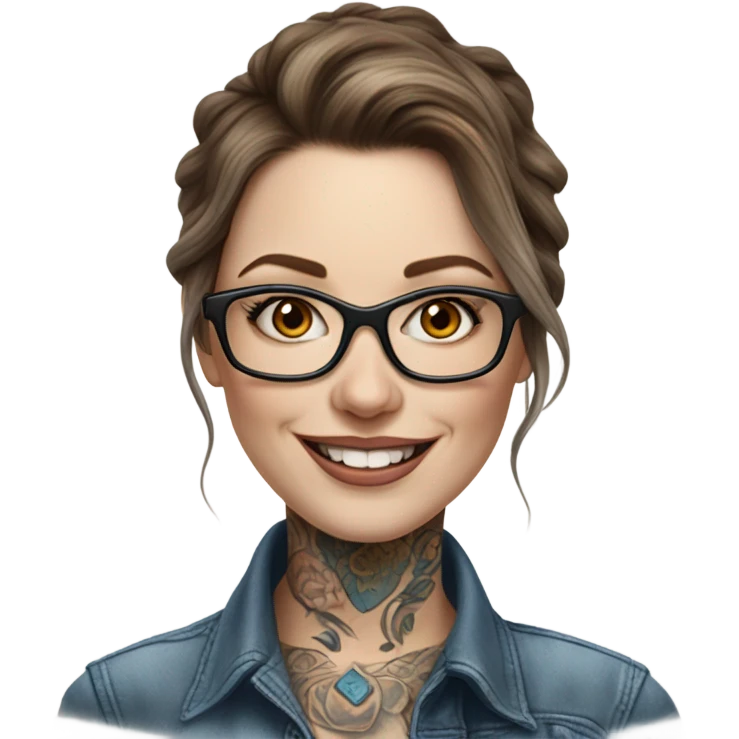 Hyper Realistic brown Balayage pale beautiful tattooed woman with glasses and blue eyes happy  emoji