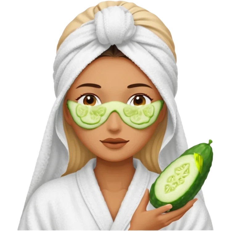 woman at the spa with cucumbers slices covering her eyes and tan skin tone with towel completely covering hair and robe on emoji