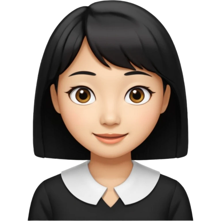 30 yr old asian woman center parted hair big eyes big smile tanned skin straight black hair hippie part hair white blouse shoulder length hair middle parted hair few short bangs at front emoji