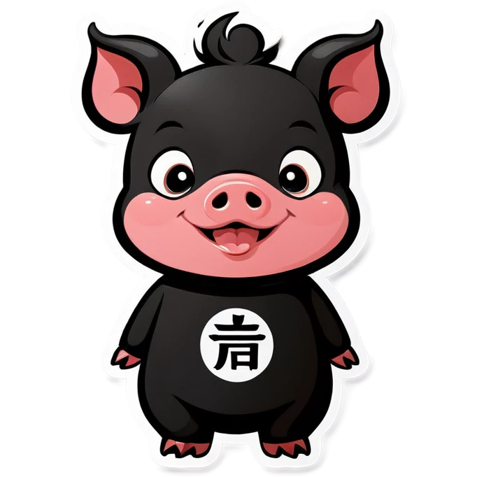 Cute baby black pig smiling wearing written 4 chinese character “福” emoji