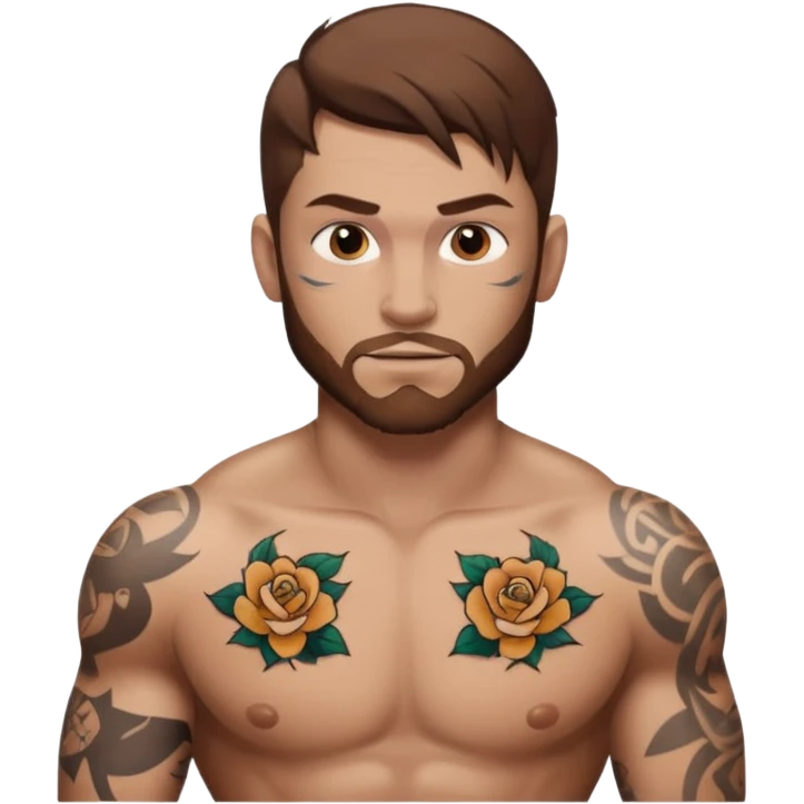 tattoo man, white skintone,brown hair, tattoos on face, more visible, bulky man with tattos on his chest. emoji