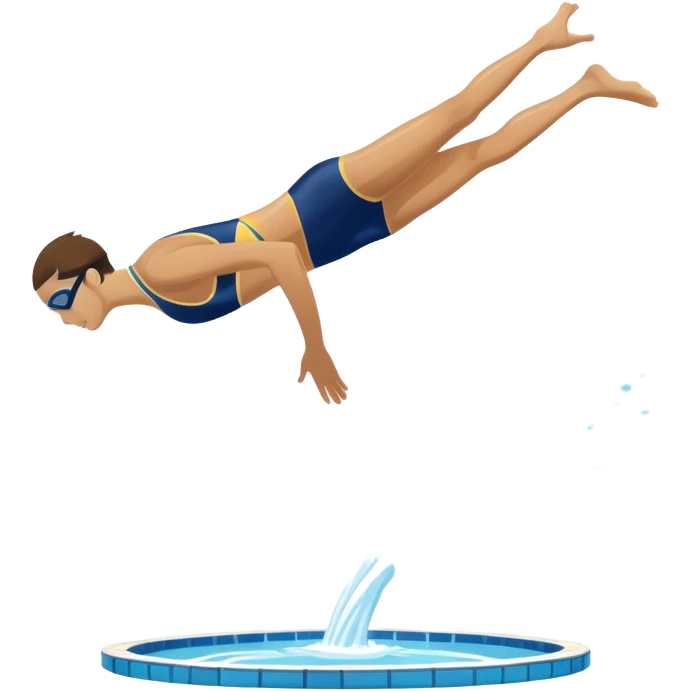 An icon featuring an athlete performing a graceful somersault mid-air, heading toward the water in a diving pool. The design includes water splashes and the diving platform, symbolizing the skill and precision of high diving. Transparent background highlights the elegance of the sport. emoji