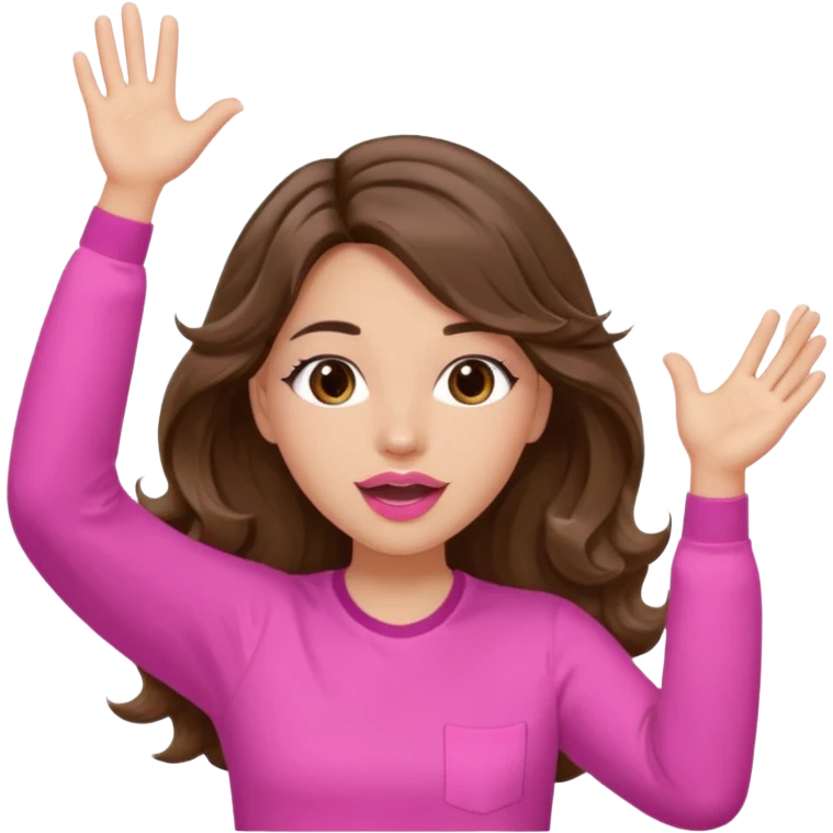 girl with long wavy brown hair, brown eyes, light to medium complexion, in a pink shirt, pink lips, long lashes, puckered lips, both hands all the way upin the air cheering emoji