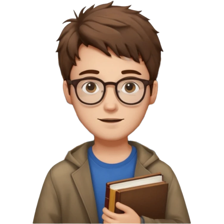 generate an ios genmoji of a fair 20 year guy with faint beard, spectacles, messy hair, books in hand emoji