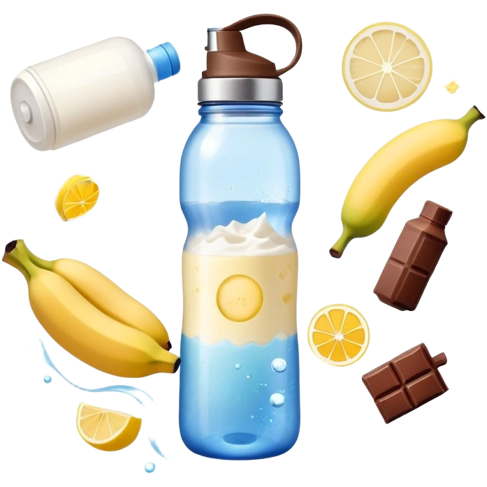 Ethereal daily routine galaxy: water bottle with lemon, sun, rice and chicken, banana and protein shake, dumbbell, yogurt cup, fruit and chocolate, and moon all floating as separate celestial bodies connected by magical stardust trails forming a system emoji