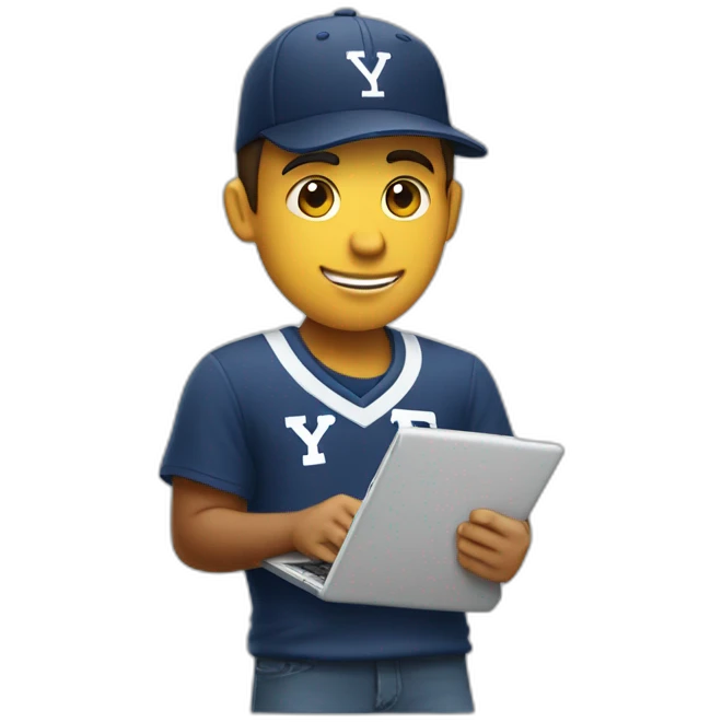 guy wearing a baseball cap, holding a yale soccer and thinkpad emoji