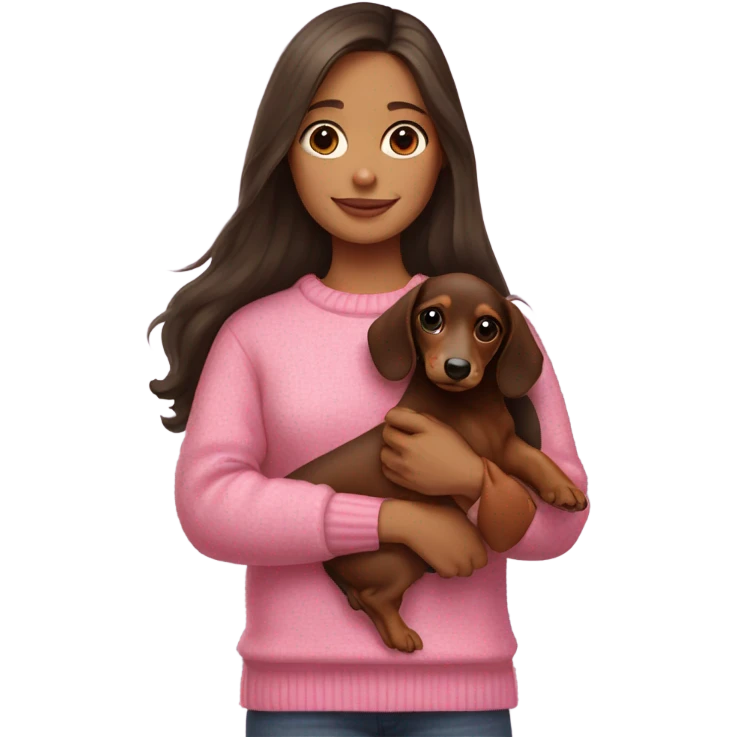 Brunette girl with long hair in a pink sweater holds a dachshund long haired puppy in her arms emoji