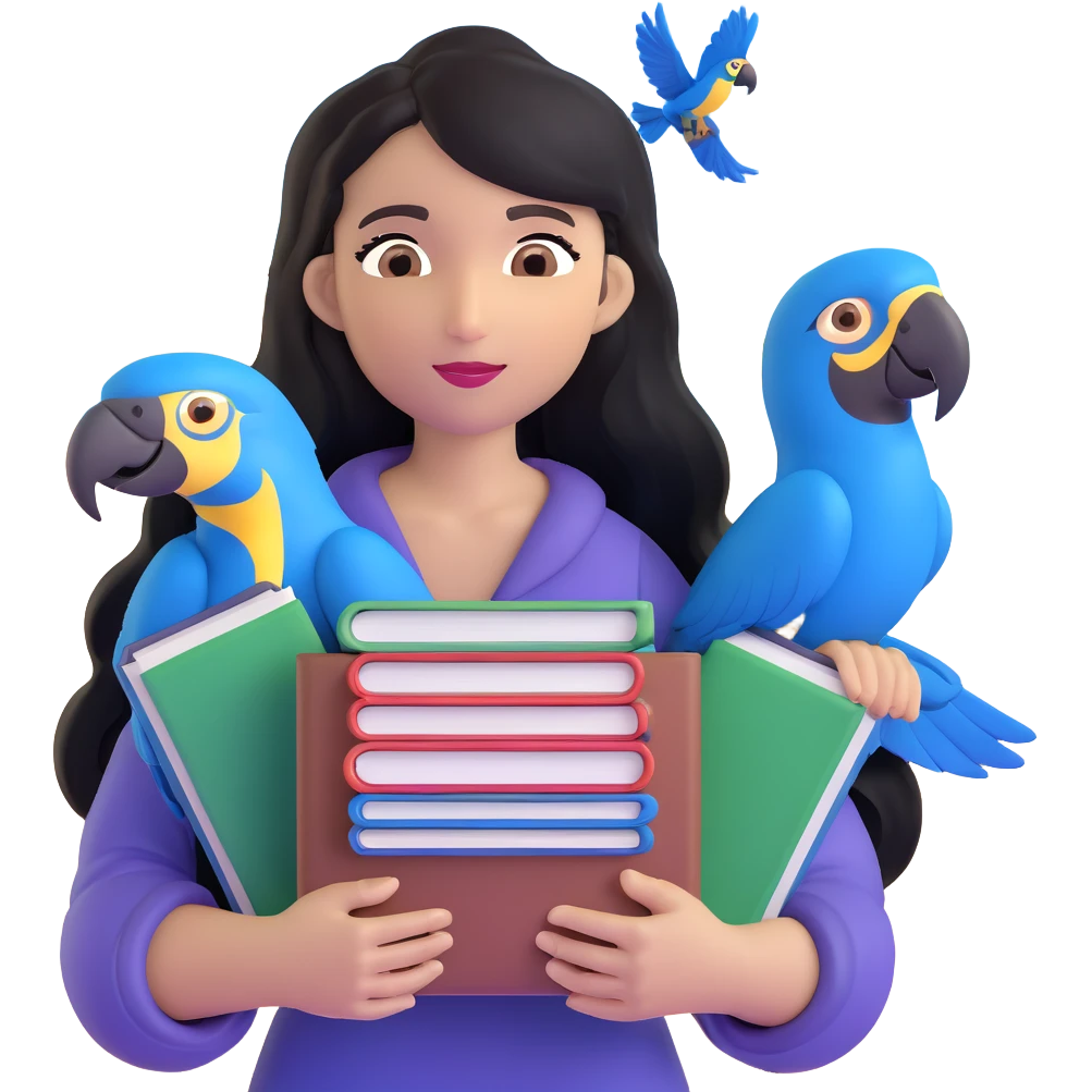 woman with long black hair and light brown skin, holding a stack of books in her arms, blue macaws flying around her, face as the focal point, with the arches of Atalaia Beach subtly in the background emoji