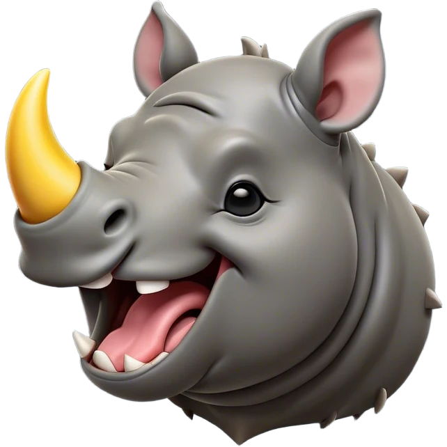 Cinematic Cute Yawning Rhinoceros Portrait Emoji, Head tilted slightly with a dramatic, wide-open yawn, showcasing a soft, textured slate-gray hide with a slightly drooping horn and eyes barely open in drowsy contentment, Simplified yet irresistibly adorable features, highly detailed, glowing with a soft, cozy glow, high shine, relaxed yet expressive, stylized with a touch of rugged whimsy, bright and endearing, soft glowing outline, capturing the essence of a sleepy yet affectionate rhinoceros, so drowsy it feels like it could stretch out of the screen and curl up for a nap! emoji