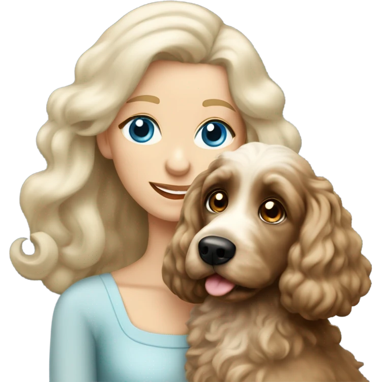 blue eyed very old long haired blonde lady with dark brown Cockapoo puppy dog emoji