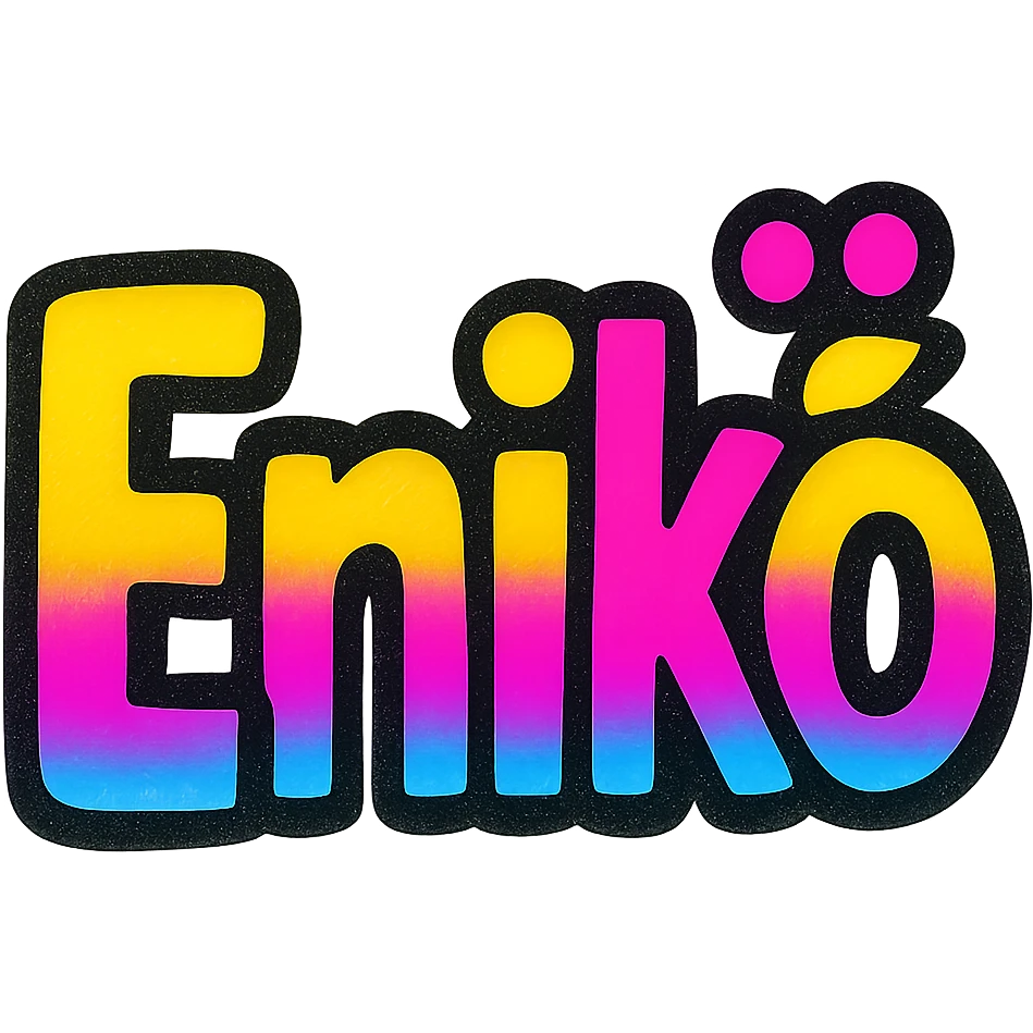 Enikő name in colorful gradient modern font with dark outline, transparent background, in the style of sample images emoji