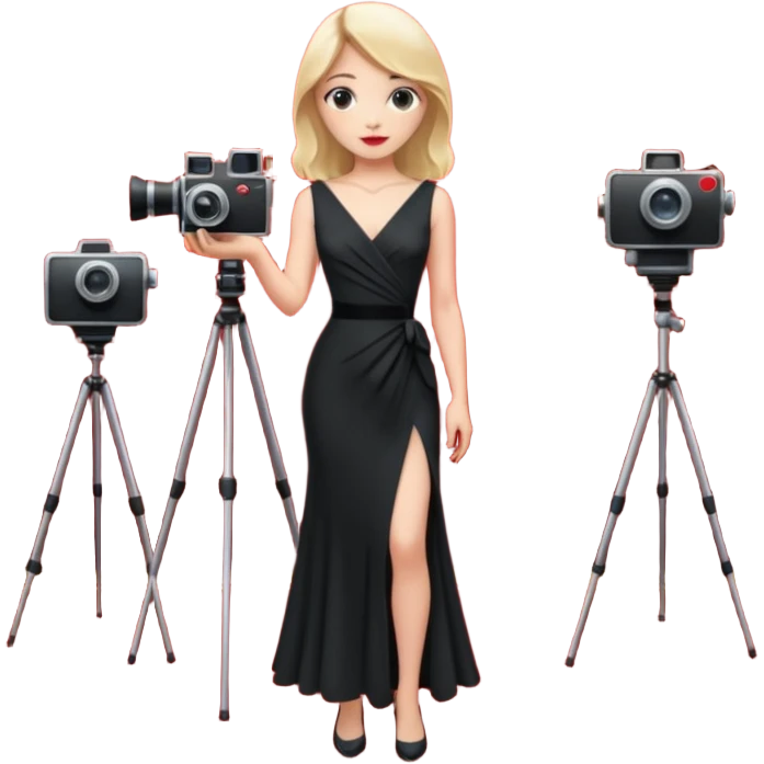 an actress standing on a red carpet with a formal dress, with a film camera next to her. emoji