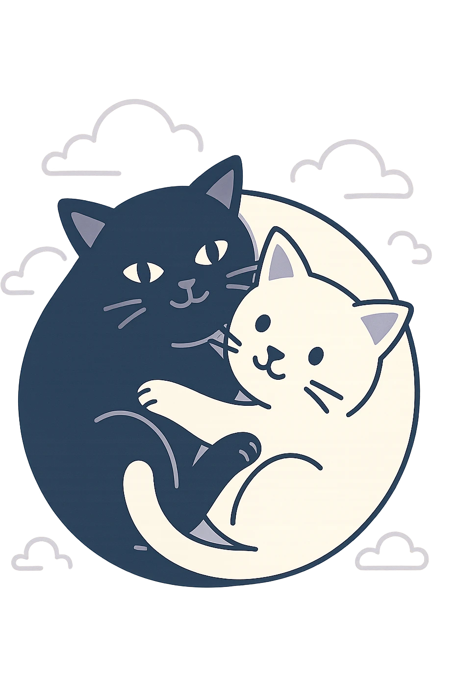 a black cat and a white cat curled together in a yin-yang pose, harmonious and balanced, minimal background, clean lines, simple style emoji