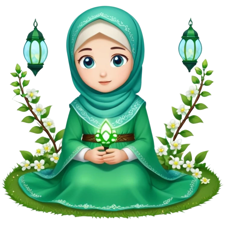 Turkish beautiful finish Konya girl blue eyes with green and white flower hijab long tail dress and sits on the grass on the ground and hold green ramadan lights on hand  emoji