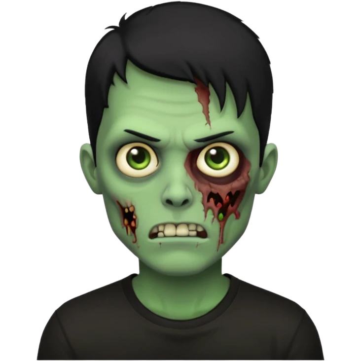 Zombie Emoji AppleIOS Style, lowfade Black Hair, and Black T-shirt, Green Skin, normal expression emoji