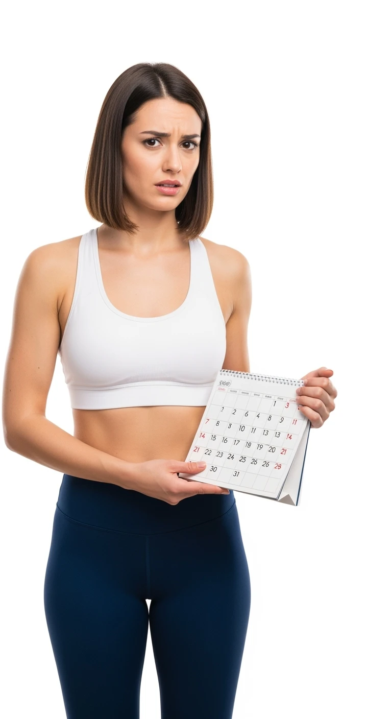 DONNA FITNESS CHE CON CALENDARIO IN MANO, ESPRESSIONE PREOCCUPATA, ISOLATA SU SFONDO BIANCO emoji