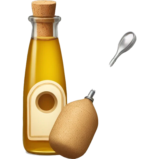 bottle of vinegar with the cork and a nozzle; spoon is laying neat the bottle emoji