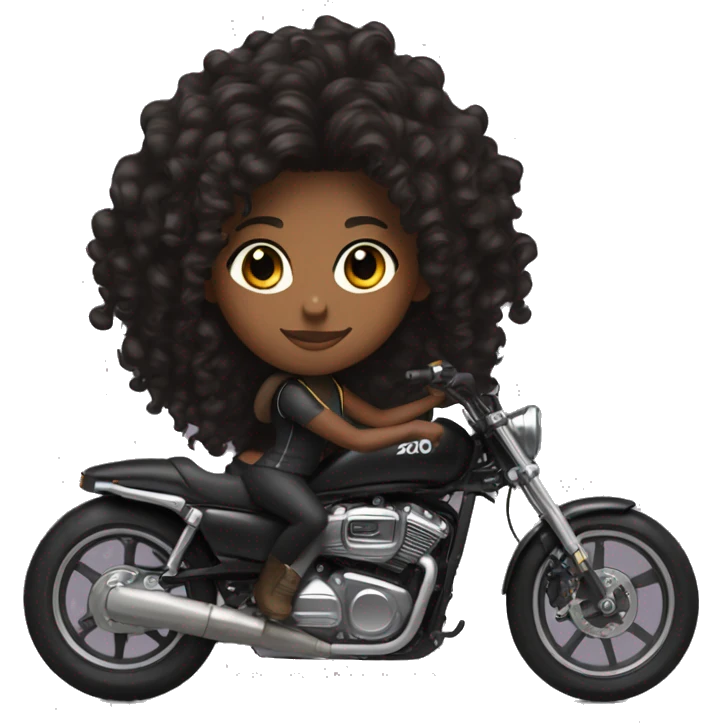 A brown skin girl with long curly black hair on a black sports bike  emoji