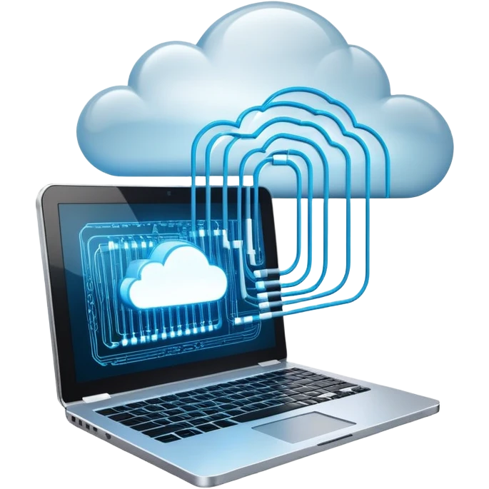 An icon featuring a glowing laptop, cloud network, and flowing binary code, symbolizing information technology. The design includes data servers, a circuit pattern, and digital connections, representing software, networking, and innovation. Transparent background  emoji