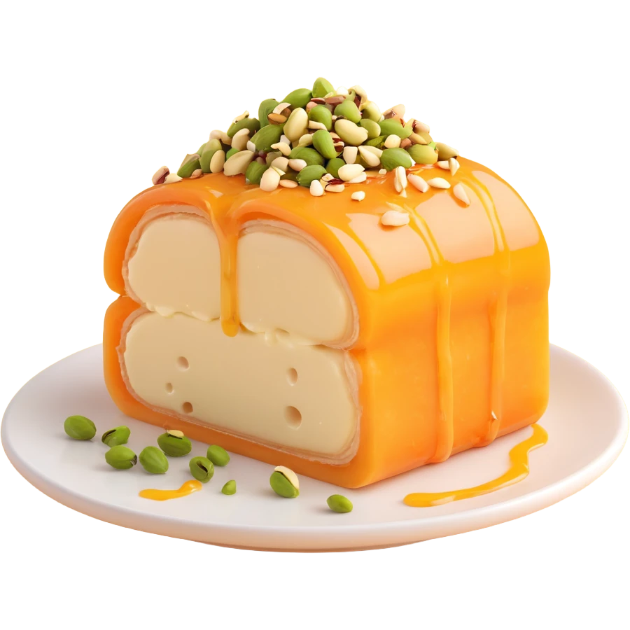 Halawet el Jibn sweet cheese roll dessert, sliced to show creamy center, garnished with crushed pistachios and syrup emoji