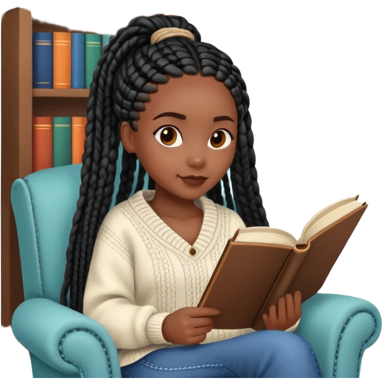  A dark-skinned Black woman with long black box braids, holding an open book, sitting in a cozy chair, wearing a sweater. emoji