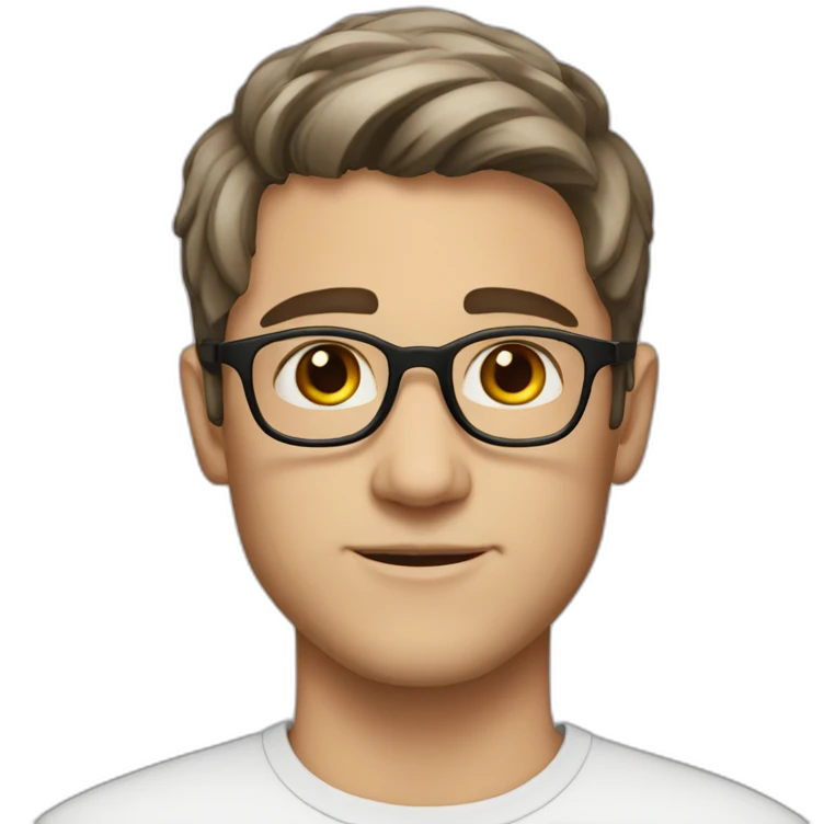 young white man, dark hair, brown eyes, rounded glasses emoji
