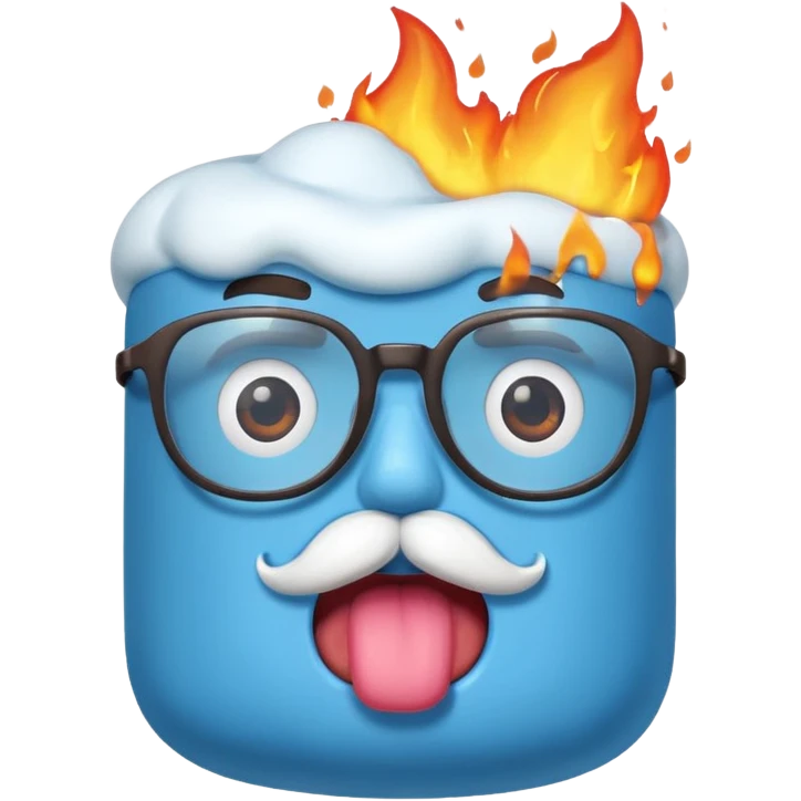 blue marshmallow on fire, surprised with mustache and glassess, just marshmallow emoji