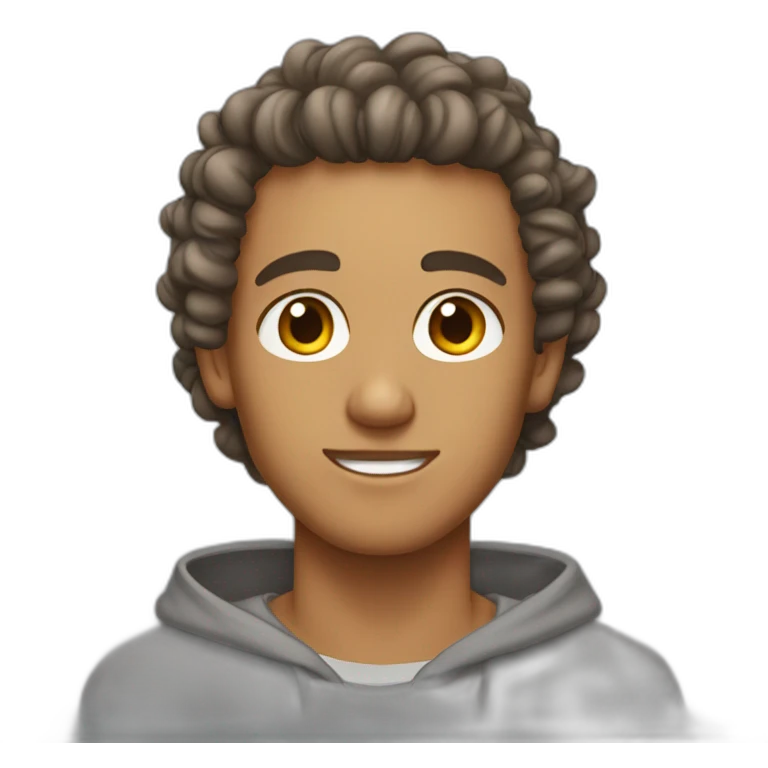 tan guy with brown eyes and a curly manbun in a gray hoodie emoji