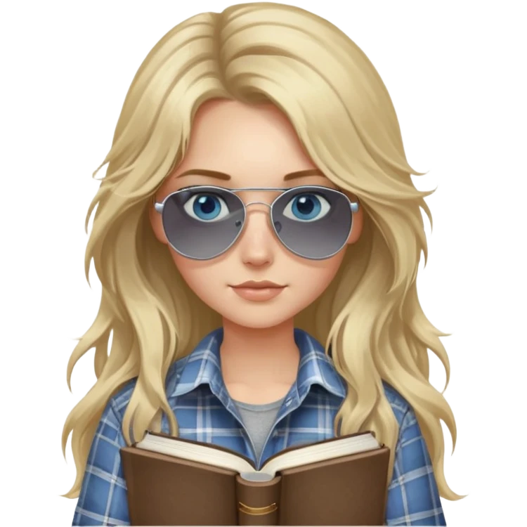 girl with long blond messy hair wearing grey plaid shirt with blue eyes and aviator sunglasses wearing a ring on her silver necklace, holding law books emoji