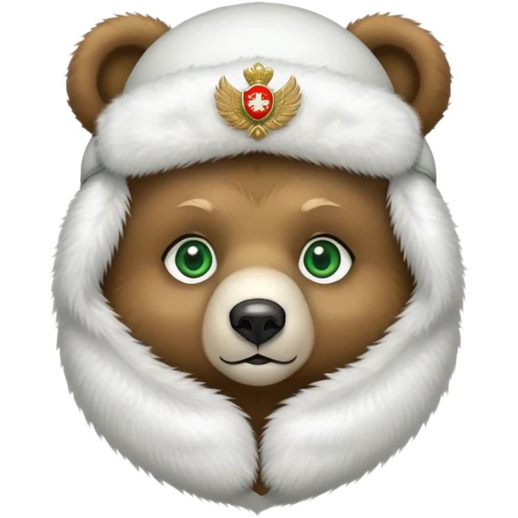 Adorable bear head with big green eyes and soft expression, wearing white fluffy ushanka with detailed Russian emblem in center, iOS emoji style emoji