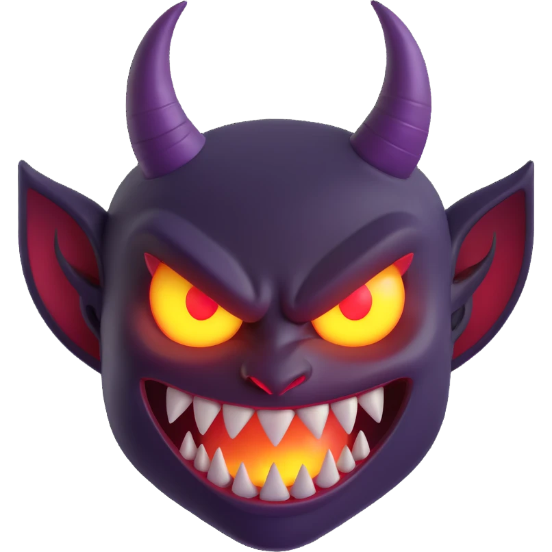 devil emoji with holographic purple and black colors, sharp fangs, glowing yellow eyes, dramatic shadows, holographic effect emoji