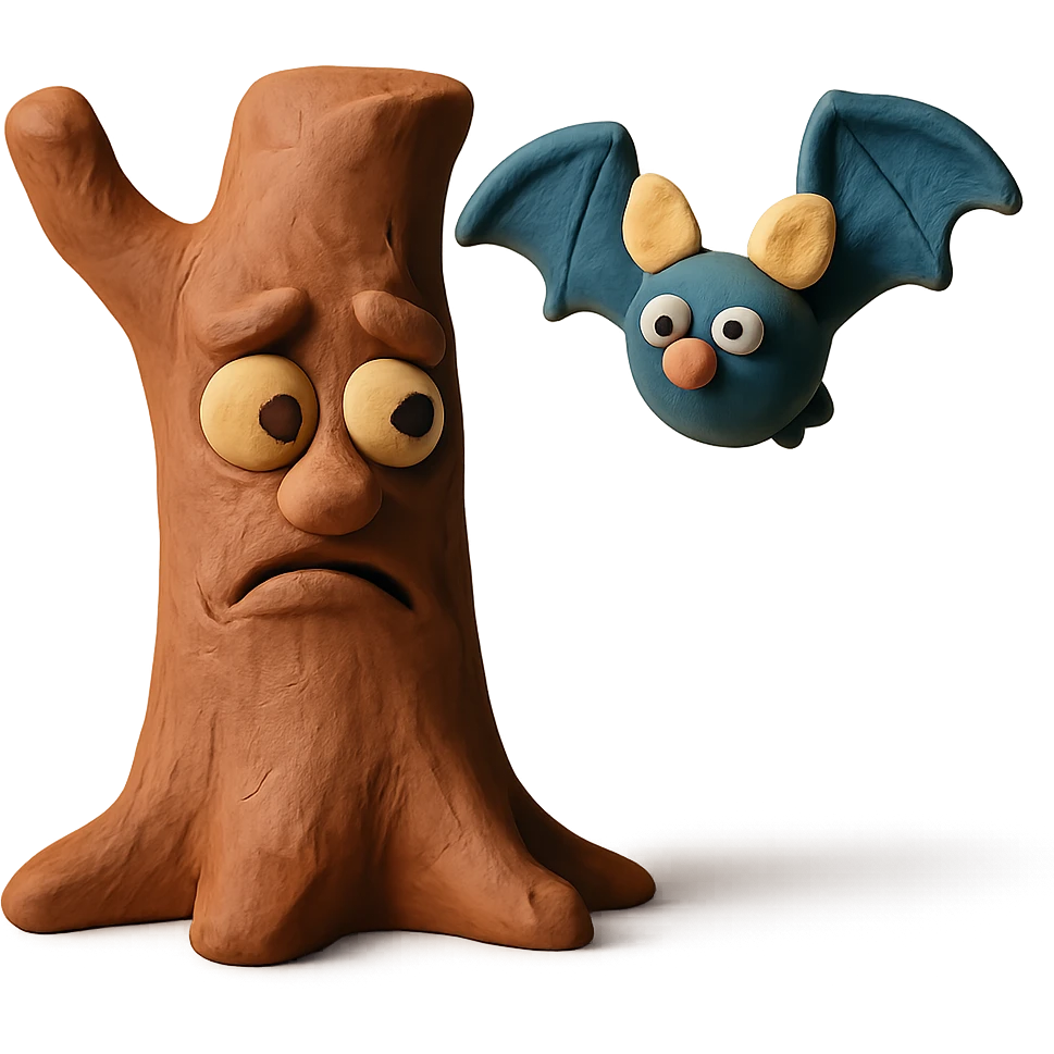 tree trunk with a face and a bat in claymation style emoji