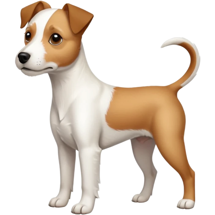 a full body white parson russell looking dog the size of a kelpie with light brown ears and a light brown patch on one eye and a large snout emoji