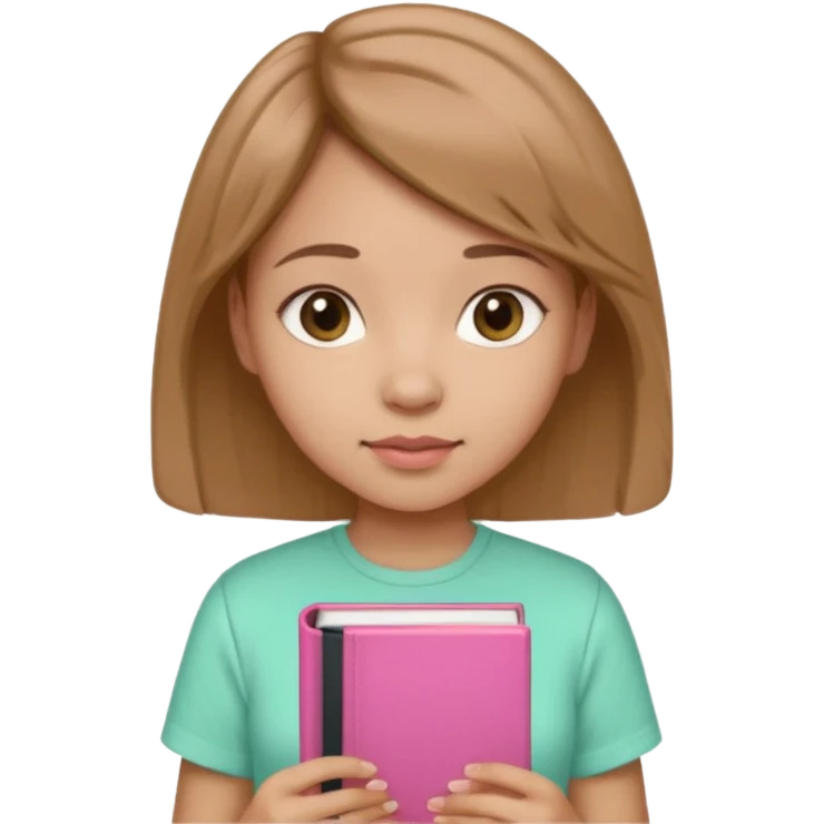 A girl with short light brown hair holding a pink book, wearing a mint shirt emoji