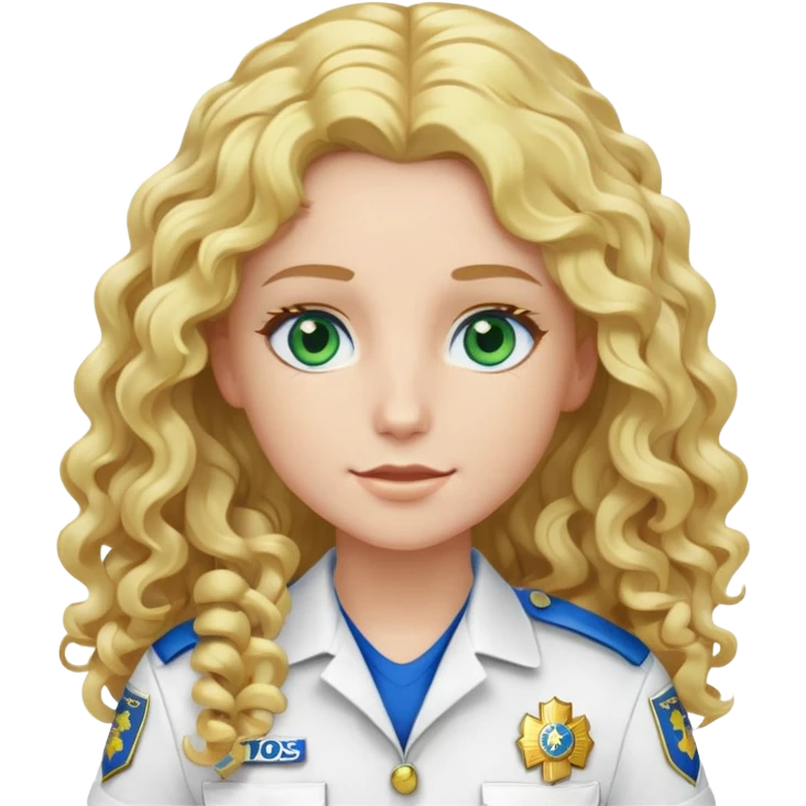 EMS personnel with long curly blonde hair and blue eyes with white and gold uniform green patch emoji