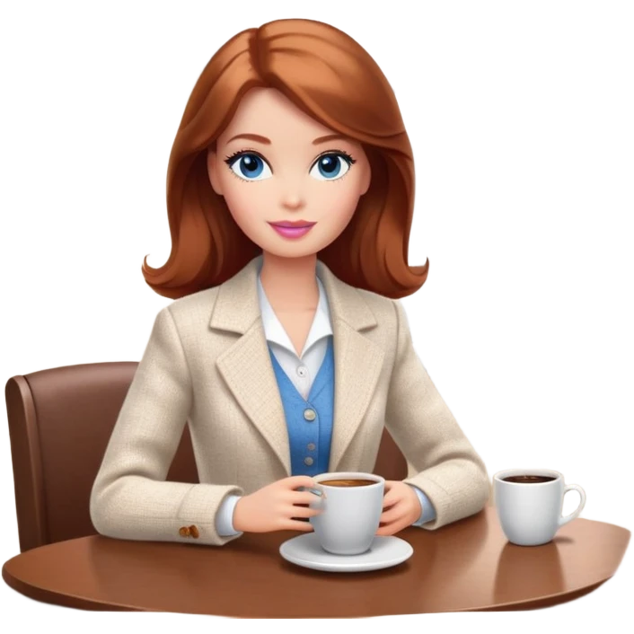 A Barbie girl with blue eyes, shoulder-length reddish-brown hair, made-up, wearing a white tweed jacket and a beige skirt, is sitting at a table with a cup of coffee in her hands emoji