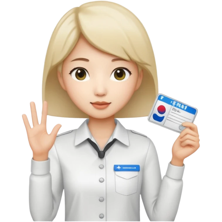 A Korean short-haired female tour guide is wearing a white shirt, holding her Korean tour guide license in her left hand, which is a horizontal card. emoji