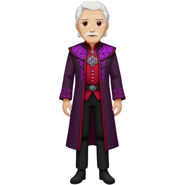 a white haired old man with purple eyes standing, full body, in Targaryen themed clothes, clothes are black and red themed HIS CLOTHES ARE NOT PURPLE  emoji