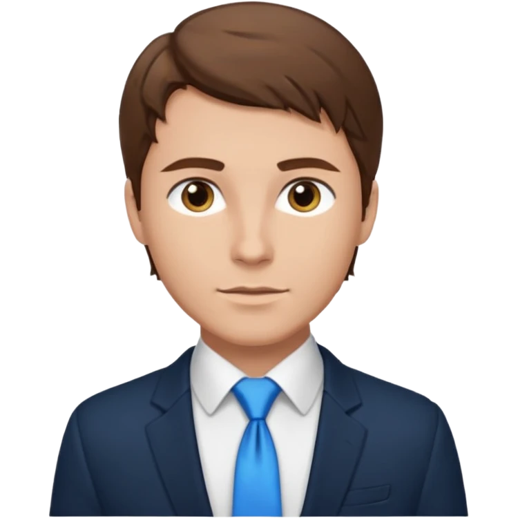 un homme type caucasien brun avec des jolies traits avec une chemise blanche et une veste a manche longues et cravate bleu il a les yeux marron emoji