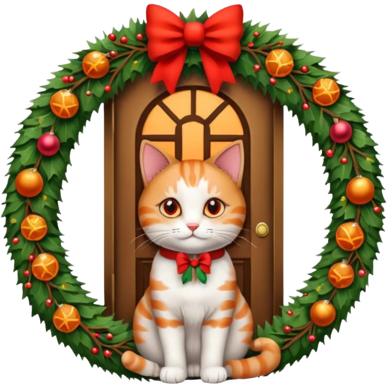 A door with a cat in front of it with h christmas elements emoji