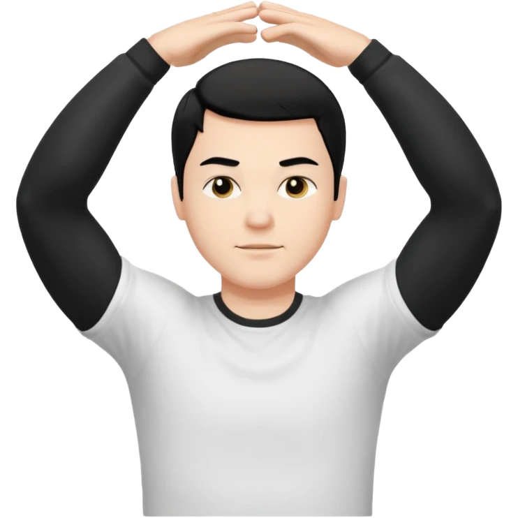 Hombre blanco pelinegro haciendo ejercicio de estiramiento de brazos emoji